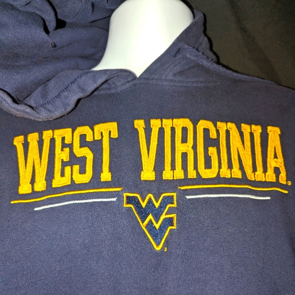 WVU West Virginia hooded sweatshirt navy blue w/ gold embroidery unisex size L